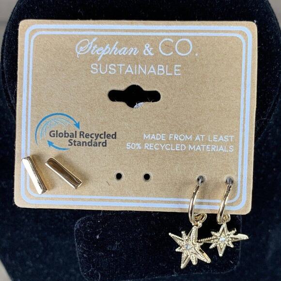 Stephan & CO Earrings 2 Pairs Stud and Dangle Star Rhinestone Gold - Picture 1 of 9